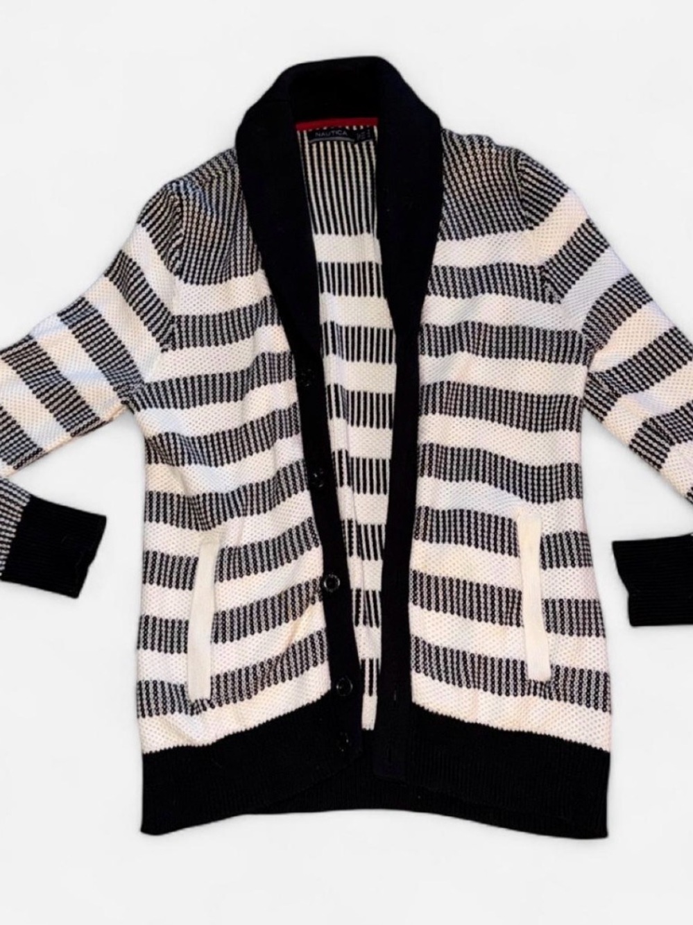 Nautica Black & White Striped Shawl-Collar Cardigan